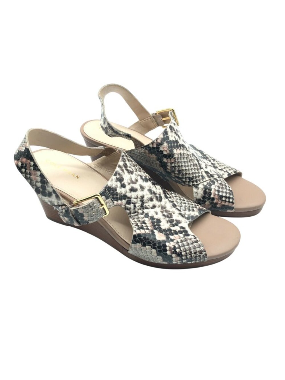 Cole Haan Womens Wedge Sandals Slingback Snake Print Leather Open Toe Beige 8.5